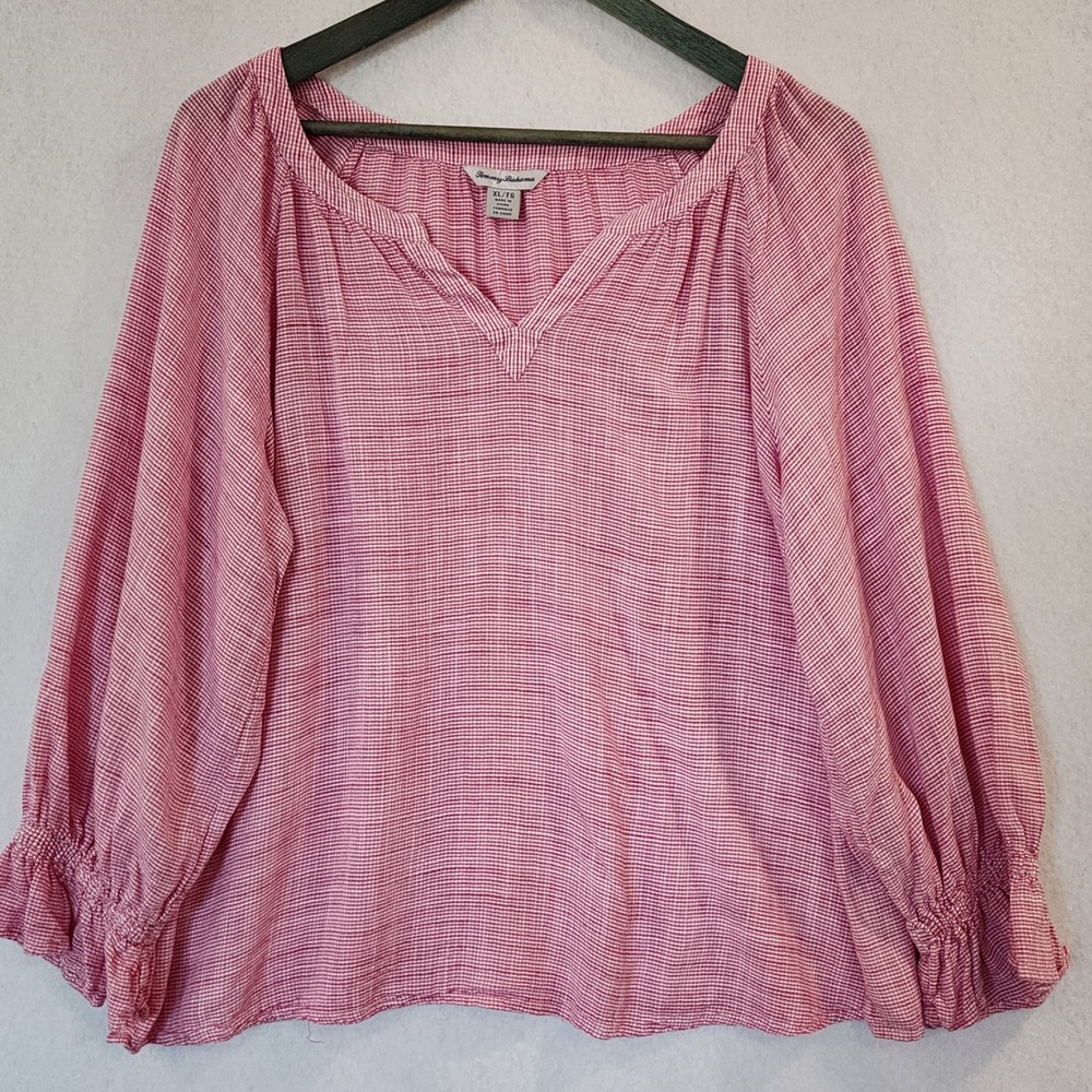 Tommy Bahama Womens XL Red White Striped Split Neck Ruffle Cuff Blouse Top